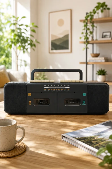 PuXing PX-888BT Siyah Nostaljik Çift Kaset Çalar Radyo - Bluetooth, USB/SD, MP3 Çalar ürün görseli 1
