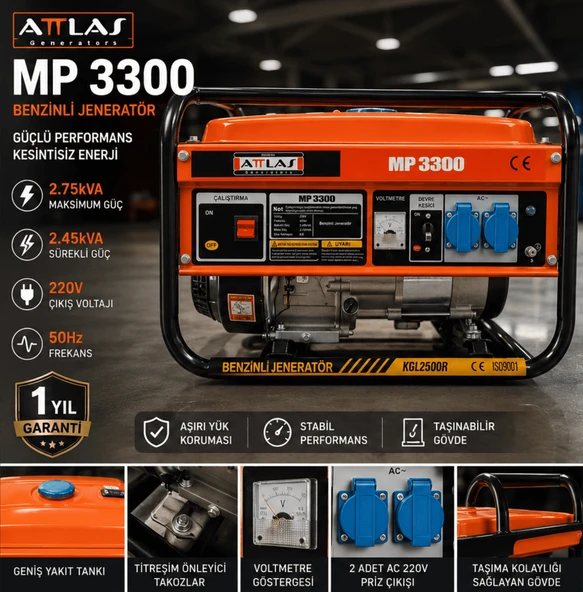ATTLAS MP3300 2.75kVA Benzinli Jeneratör 220V İpli Çalıştırma ürün görseli 1