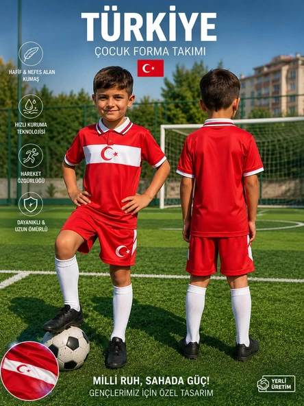 Türkiye Milli Takım Yakalı 03 Özel Tasarım Kırmızı-Beyaz Çocuk Futbol Forması Takımı 2 Li Set Forma+Şort (KOD:Y03) ürün görseli 1