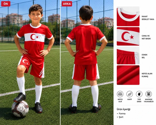 Türkiye Milli Takım Özel Tasarım Kırmızı-Beyaz Çocuk Futbol Forması Takımı 4 Lü Set Forma+Şort+Çorap+Bileklik (Kod:03) ürün görseli 1