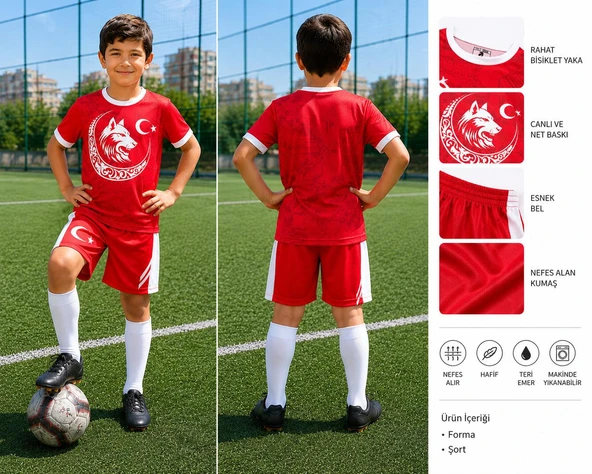 Türkiye Milli Takım Özel Tasarım Kırmızı-Beyaz Çocuk Futbol Forması Takımı 4 Lü Set Forma+Şort+Çorap+Bileklik (Kod:04) ürün görseli 1