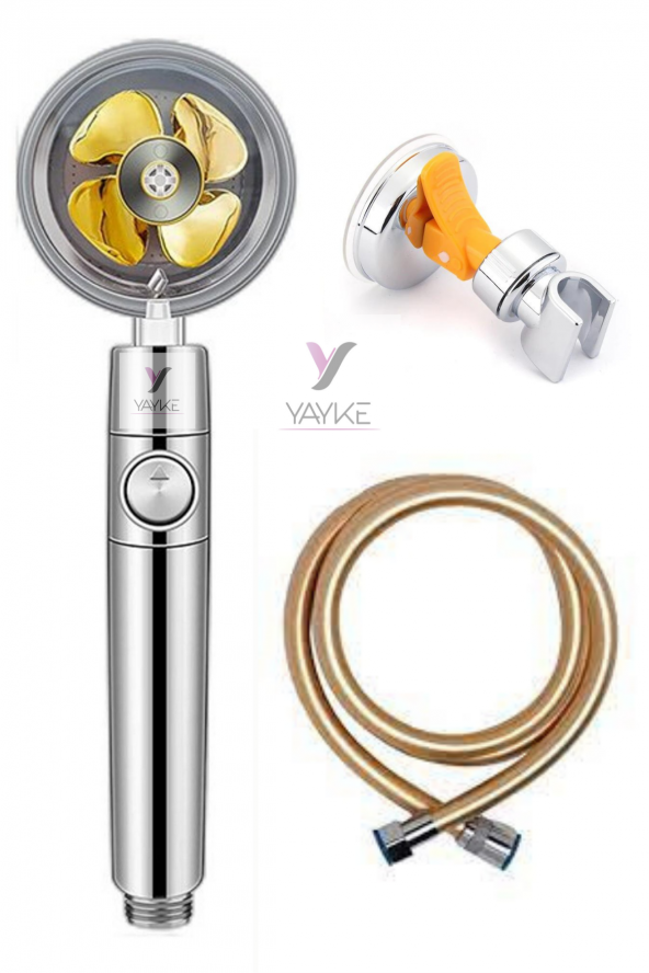 Yayke 360 Derece Dönebilen Turbo Pervaneli Tazyikli Duş Başlığı Pvc Gold Duş Hortumu Vakumlu Mafsal ürün görseli 1