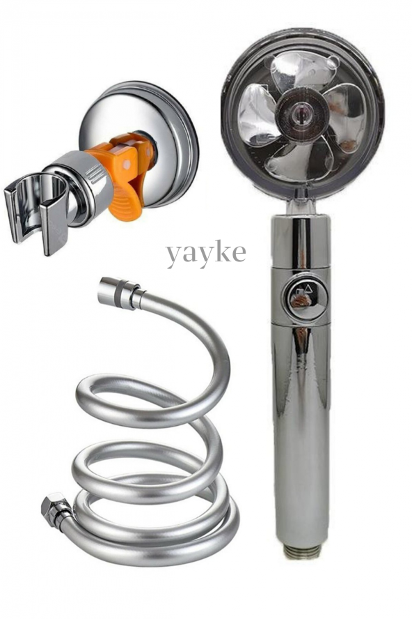 Yayke 360 Derece Dönebilen Turbo Pervaneli Tazyikli Duş Başlığı Pvc Duş Hortumu Vakumlu Mafsal(Gri) ürün görseli 1