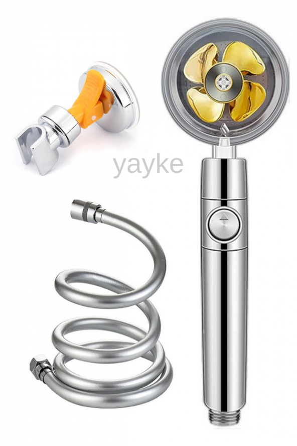 Yayke 360 Derece Dönebilen Turbo Pervaneli Tazyikli Duş Başlığı Pvc Duş Hortumu Vakumlu Mafsal(Gold) ürün görseli 1