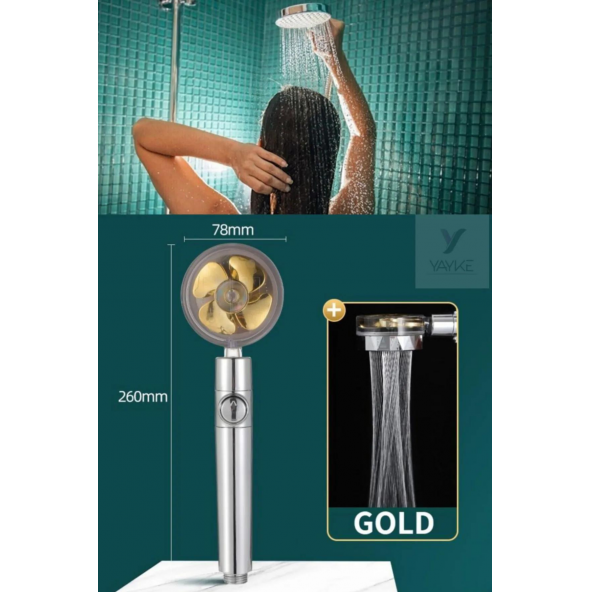 Yayke Su Tasarruflu 360 Derece Dönebilen Turbo Pervaneli Tazyikli Duş Başlığı ( Gold ) ürün görseli 1