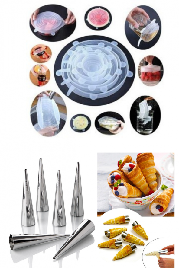 Yayke 6’lı Metal Kornet-külah Kalıbı +6 Boy Gıda Koruyucu Silikon Kapak Saklayıcı Bone ürün görseli 1