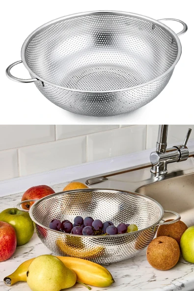 Paslanmaz Çelik Ayaklı Makarna Süzgeci, Metal Kulplu Kevgir Süzgeç, Ayaklı Makarna Süzgeci 26 cm ürün görseli 1