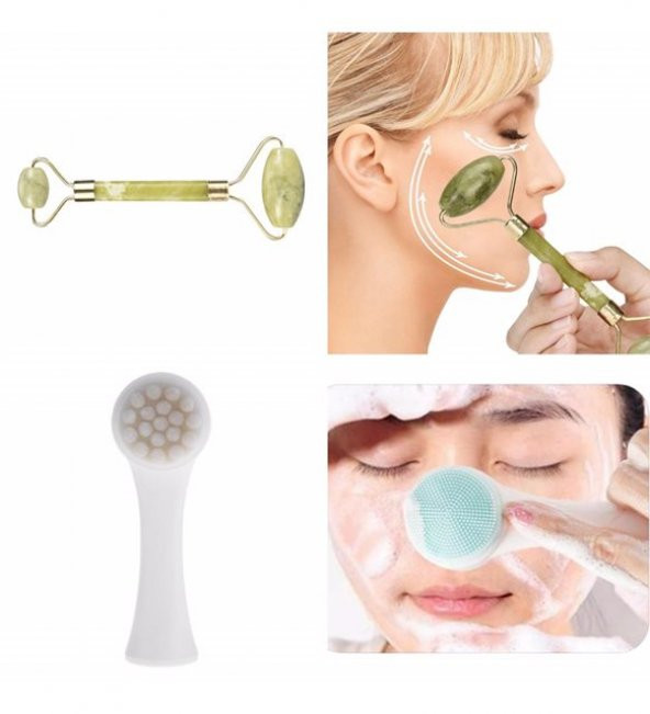 Yayke 2li Set Çift Taraflı Cilt Temizleme Fırçası ve Yeşim Taşı Çift Taraflı Cilt Masaj Aleti ürün görseli 1
