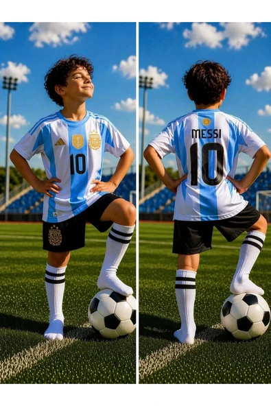 Arjantin Dünya Kupası Messi 10 Numara Mavi Çocuk Forma Takımı 4'lü Set Bileklik ve Çorap Hediyeli ürün görseli 1
