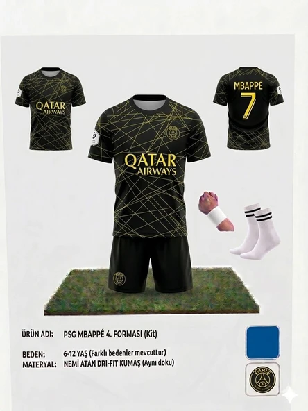 Siyah Gold Özel Tasarım P-S-G Mbappe 22/23 Çocuk Alt-Üst Forma Takımı Bileklik ve Çorap Hediyeli ürün görseli 1