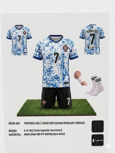Portekiz 24/25 Yeni Sezon C.ronaldo Beyaz Unisex Çocuk Alt-Üst Forma Takımı Bileklik+Çorap Hediyeli ürün görseli 1