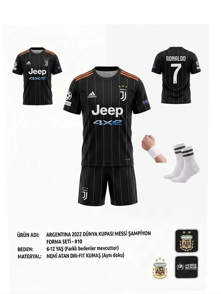 21/22 Sezon Retro Siyah Juventus Ronaldo Deplasman 4 Lü Set Çocuk Futbol Forması ürün görseli 1