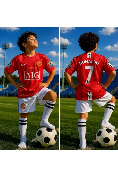 Cristiano Ronaldo Manchester Unıted 2008 Moscow Finali Kırmızı Beyaz Çocuk Forması 4 Parça Forma+Şort+Çorap+Biliklik ürün görseli 1
