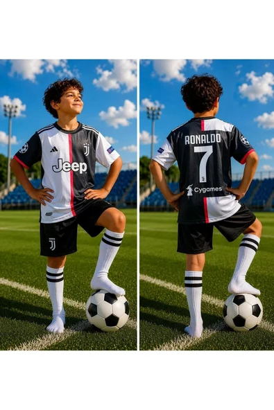 Juventus Cristiano Ronaldo Siyah Beyaz Futbol Çocuk Forması 2019 Sezon Iç Saha 4'lü Set Forma + Short+Çorap+Bileklik ürün görseli 1