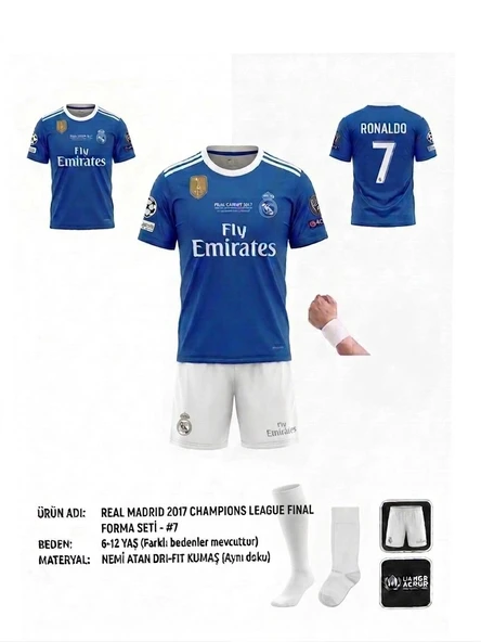 Cristiano Ronaldo Real Madrid 2017 Cardif Finali Beyaz Şort Çocuk Forma Takımı 4 Parça Çorap+Bileklik Hediye ürün görseli 1
