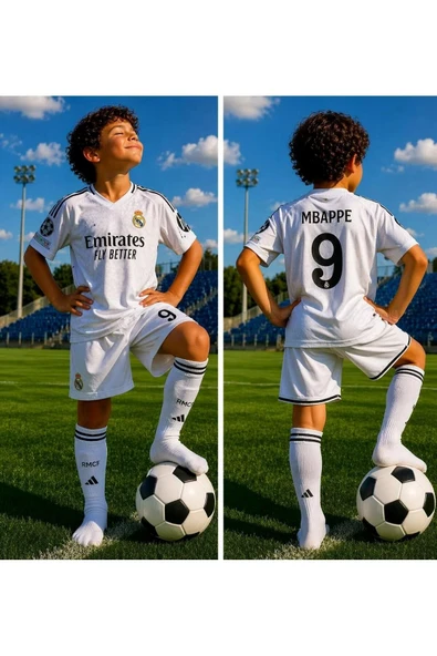 Real Madrid Mbappe Yeni Sezon Beyaz Çocuk Futbol Forma Takımı 4'lü Set ürün görseli 1