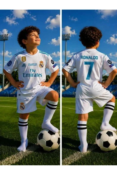 Cristiano Ronaldo Real Madrid 2018 Beyaz Çocuk Forma Takımı 4 Parça Çorap+Bileklik Hediye ürün görseli 1