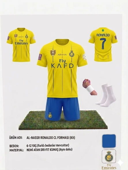 Cristiano Ronaldo All-Nassr Sarı Çocuk Forma Takımı 4'lü Set Bileklik Çorap Hediyeli ürün görseli 1