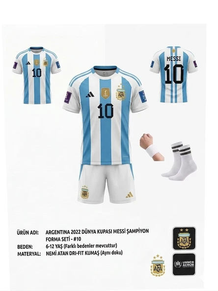 Arjantin Lionel Messi Beyaz Şort Dünya Kupası Finali Çocuk Forma Takımı 4 Parça Çorap+Bileklik Hediye ürün görseli 1