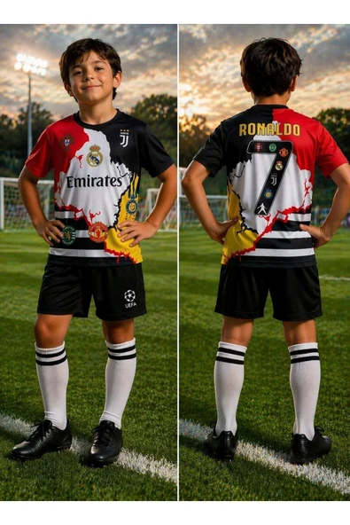 Cristiano Ronaldo Tüm Takımlar Ortak Tasarım (Siyah Mix) Retro Çocuk Forma Takımı 4 Parça Çorap+Bileklik Hediye ürün görseli 1