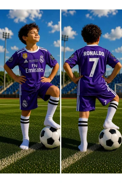 Cristiano Ronaldo Real Madrid 2017 Cardif Finali Mor Çocuk Forma Takımı 4 Parça Çorap+Bileklik Hediye ürün görseli 1