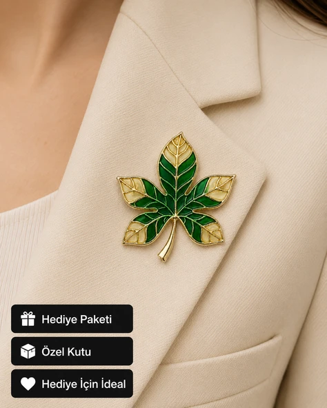 Hediye Yeşil Yaprak Desenli Premium Gold Renk Kadın Broş Rozet ürün görseli 1