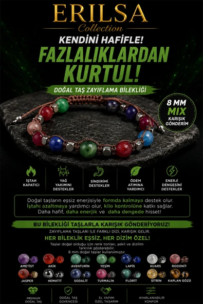 Sertifikalı Doğal Taş Metabolizma Bilekliği 8 MM Mix Taş Ayarlanabilir Unisex - Akik Yeşim Kuvars ürün görseli 1