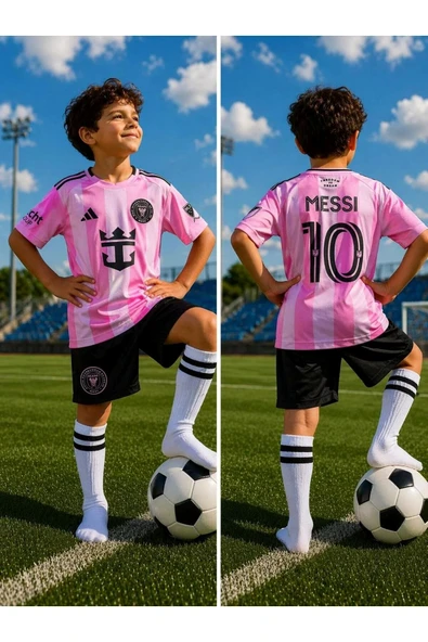 Lionel Messi Inter Miami Pembe Siyah Deplasman Çocuk Forma Takımı 4 Parça Çorap+Bileklik Hediye ürün görseli 1