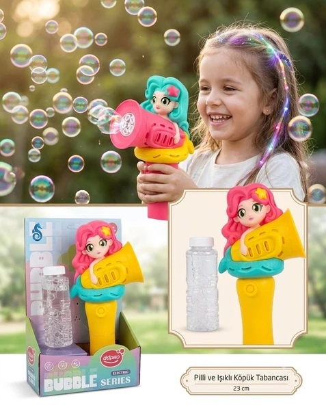 Köpük Tabancası Bubble Pilli ve Işıklı Saçlı Kız Köpük Tabancası 23 Cm ürün görseli 1