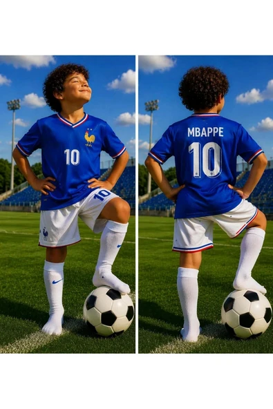 Mbappe 10 Numara Fransa Euro 2024 Mavi Çocuk Forma Takımı 4'lü Set Bileklik Çorap Hediyeli ürün görseli 1