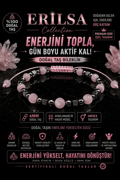 Sertifikalı Pembe Kuvars Terahertz Doğal Taş Bileklik 6 MM Ayarlanabilir Unisex Model ürün görseli 1