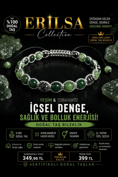 Sertifikalı Yeşim Terahertz Doğal Taş Bileklik 6 MM Ayarlanabilir Unisex Premium Model ürün görseli 1