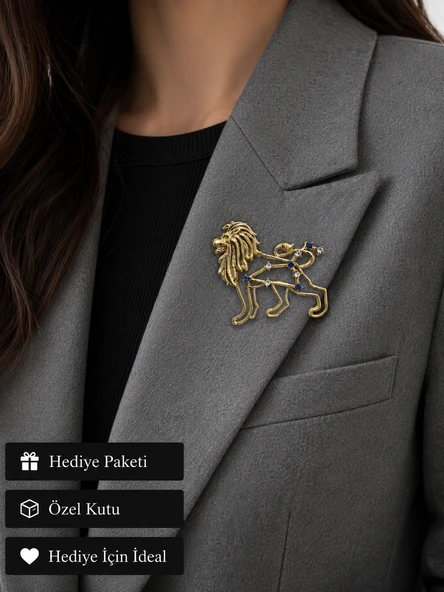 Hediye Aslan Burcu Kadın Broş Gold Renk Taşlı Zodyak Rozet ürün görseli 1