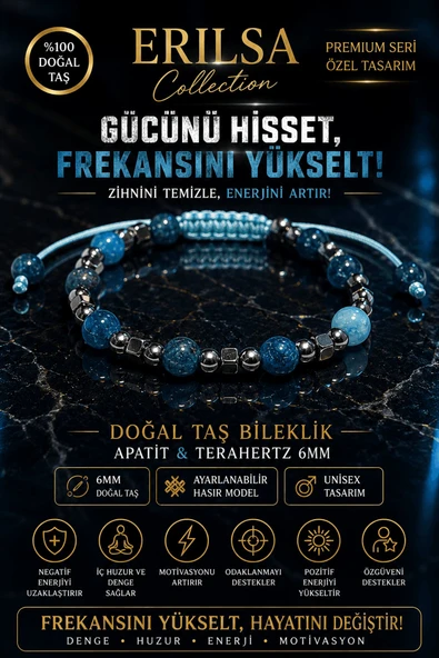 Sertifikalı Apatit Terahertz Doğal Taş Bileklik 6 MM Ayarlanabilir Unisex Premium Model ürün görseli 1
