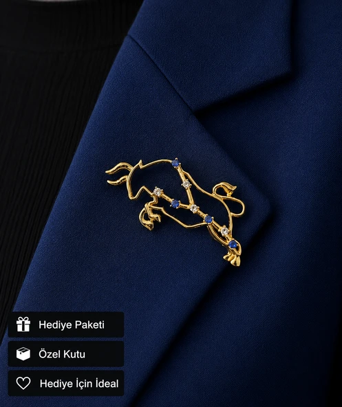 Hediye Boğa Burcu Kadın Broşu Mavi Zirkon Taşlı Gold Renk Rozet ürün görseli 1
