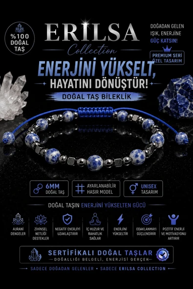 Sertifikalı Sodalit Terahertz Doğal Taş Bileklik 6 MM Ayarlanabilir Unisex Premium Model ürün görseli 1