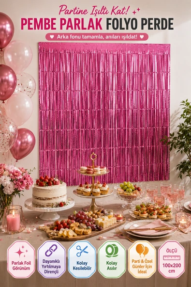 Pembe Folyo Parti Perdesi 100x200 cm Doğum Günü Baby Shower Arka Fon Süs Dekoru ürün görseli 1