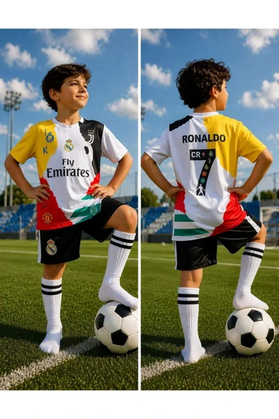 Cristiano Ronaldotüm Takımlar Ortak Tasarım (Sarı Mix) Retro Çocuk Forma Takımı 4 Parça Çorap+Bileklik Hediye ürün görseli 1