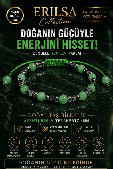 Sertifikalı Aventurin Terahertz Doğal Taş Bileklik 6 MM Ayarlanabilir Unisex Premium Model ürün görseli 1