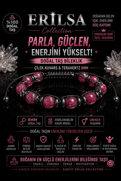 Sertifikalı Çilek Kuvars Terahertz Doğal Taş Bileklik 8 MM Ayarlanabilir Unisex Premium Model ürün görseli 1