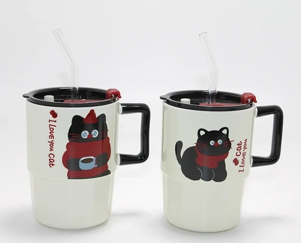 Sevimli Şaşkın Kedi Figürlü Pipetli Kapaklı Porselen Kupa Bardak Alk5042 ürün görseli 1