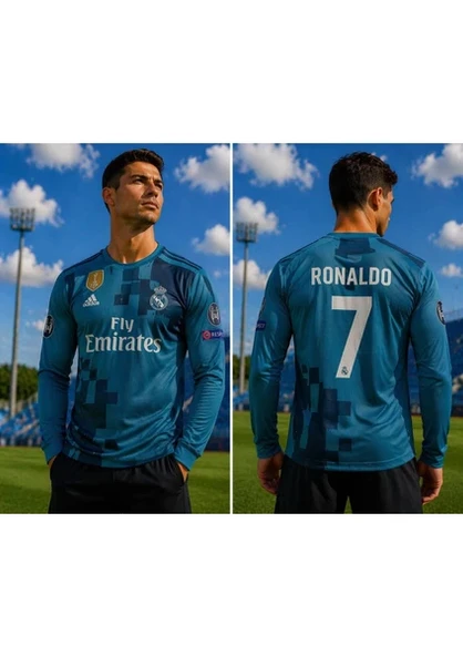 Real Madrid Cristiano Ronaldo Turkuaz 2018 Şampiyonlar Ligi Uzun Kol Deplasman Yetişkin Forması ürün görseli 1