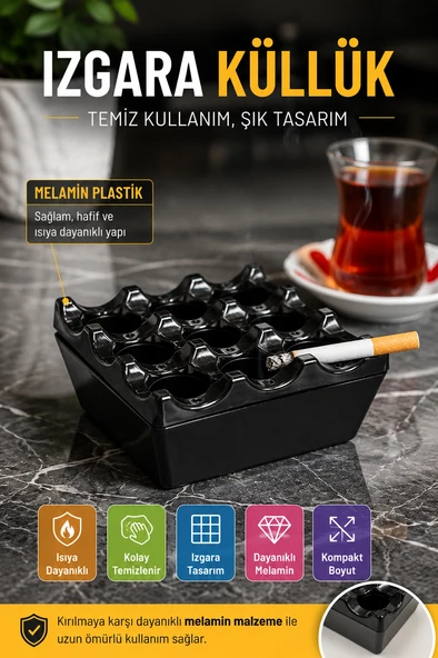 Siyah Melamin Izgara Küllük Kare Kül Tablası Isıya Dayanıklı Cafe Balkon Masa Küllüğü ürün görseli 1
