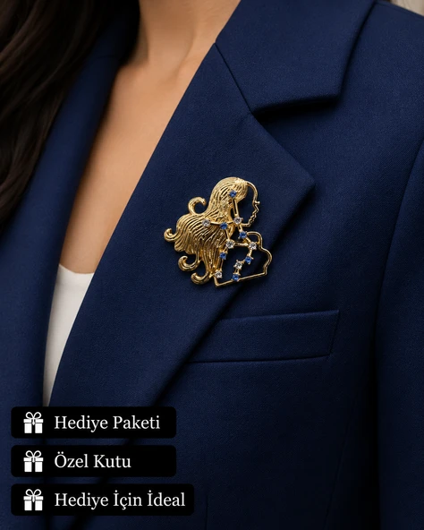 Hediye Başak Burcu Kadın Broşu Gold Renk Zirkon Taşlı Astroloji Rozeti ürün görseli 1