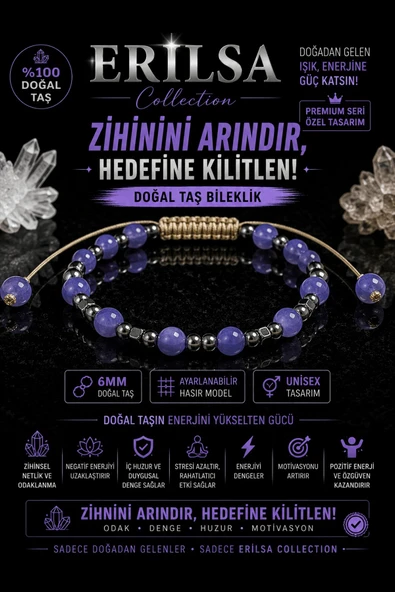 Sertifikalı Mor Kuvars Doğal Taş Terahertz Bileklik 6 MM Ayarlanabilir Unisex Premium Model ürün görseli 1