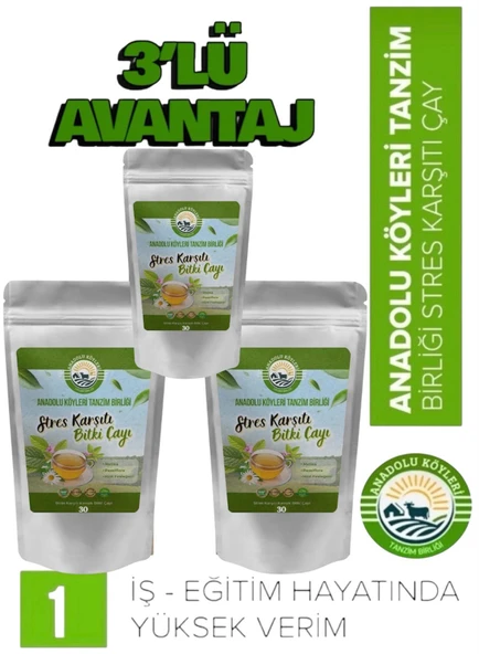 3 Paket Anadolu Köyleri Tanzim Birliği Stres Karşıtı Melisa Passiflora ve Hint Fesleğeni Çayı 3x30 Adet ürün görseli 1