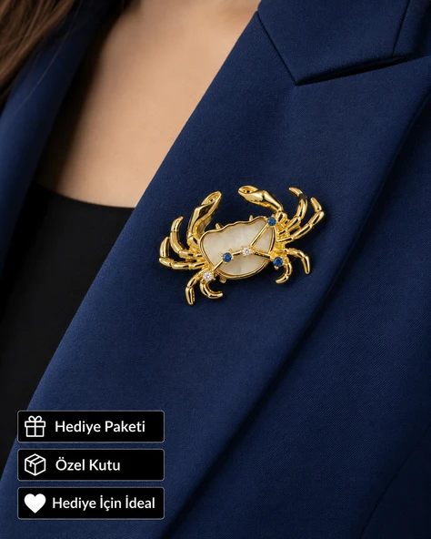 Hediye Yengeç Burcu Kadın Broşu Gold Renk Zirkon Taşlı Rozet ürün görseli 1