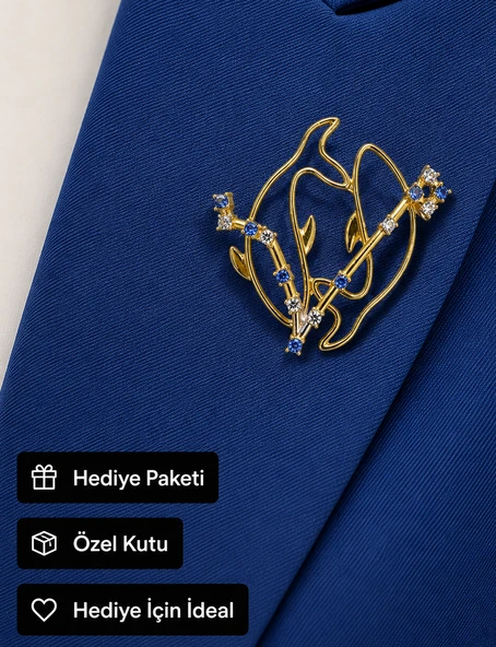 Balık Burcu Kadın Broşu Hediye Mavi Taşlı Gold Renk Zirkon Taş Broş ürün görseli 1