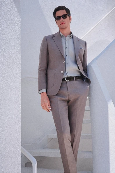 Yeşil Mono Yaka Keten 6 Drop Slim Fit Yarım Astar %100 Keten Takım Elbise 1001260164 ürün görseli 1