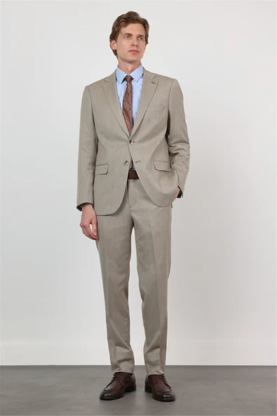 Bej Mono Yaka 6 Drop Comfort Fit Tam Astar Esnek Takım Elbise 1001260167 ürün görseli 1